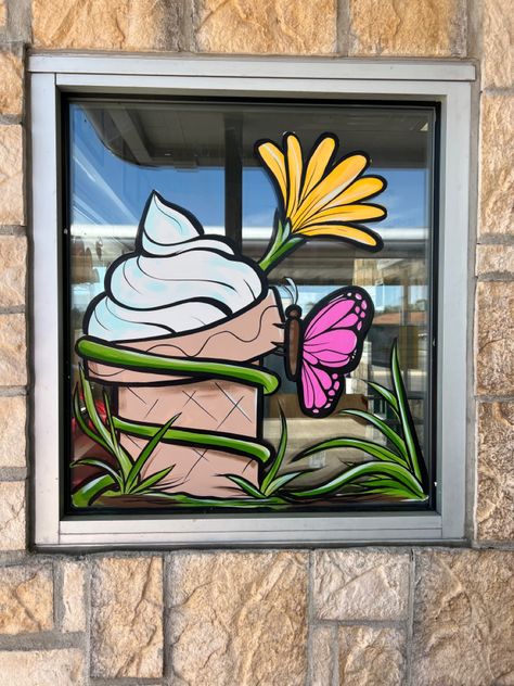 Sonic Window Painting Spring: Burger, Flowers, Pretzel, Fries, Tator Tott Bees #artbyrileymills #art #artist #paint #painting #paintings #windowpainting #spring #artsy #flowers #flower #bee #bees #fries #burger #artist #inspiration #inspirations #creative #creativity #food #color #colorful #vibes #tiktok Summer Time Window Art, Easy Window Painting Ideas Summer, Bakery Window Art, Spring Window Painting Ideas Easy, Summer Window Painting Ideas, Window Painting Spring, Spring Window Painting Ideas, Spring Window Art, Summer Window Art