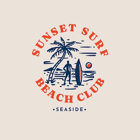 Free Vector | Hand drawn beach club logo design California Logo, Surf Logo, Beach Logo, Sunset Surf, Beach Illustration, 타이포그래피 포스터 디자인, The Book Club, Shirt Design Inspiration, Club Logo