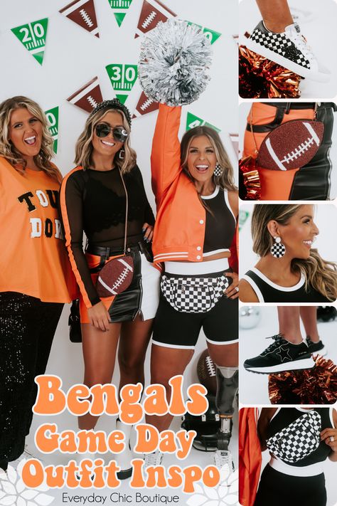 Game day outfit Inspo, Game day looks, NFL Football outfits, Bengals Game day, Orange and Black game day, Football, Stadium style, Outfit inspo, Leather Game Day, Checkered Game day, Mesh tops, Vintage Havana sneakers, Game day accessories, Game day, Vintage Game day, Game day Sequin Bengals Game Day Outfit, Game Day Looks, Vintage Havana Sneakers, Ohio Football, Leopard Print Outfits, Game Day Football, College Football Teams, Football Game Outfit, Game Day Outfit