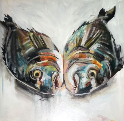 Michelle Parsons, Twin Fish, 2018 | Canvas Gallery Michelle Parsons, Sea Inspired Art, Marine Life Artists, Marine Life Art, Sea Creatures Art, Gcse Art Sketchbook, Coastal Artwork, Oil Painting Inspiration, Food Artists