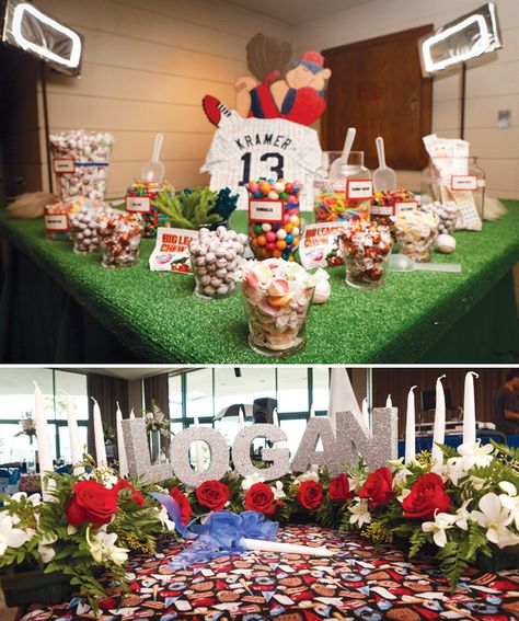 baseball-diamond-dessert-table Hedge Wall Backdrop, Tulip Centerpieces, Popcorn Station, Home Run Baseball, Carnival Night, Tulip Centerpiece, Bat Mitzvah Themes, Candy And Chocolate, Mitzvah Themes