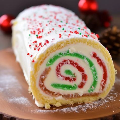 Christmas vanilla roll cake Christmas Cake Roll Recipes Easy, Christmas Cake Roll Recipes, Christmas Vanilla Roll Cake, Christmas Roll Cake, Vanilla Roll Cake, Roll Cake Recipe Vanilla, Christmas Cake Roll, Shower Melts, Roll Cakes