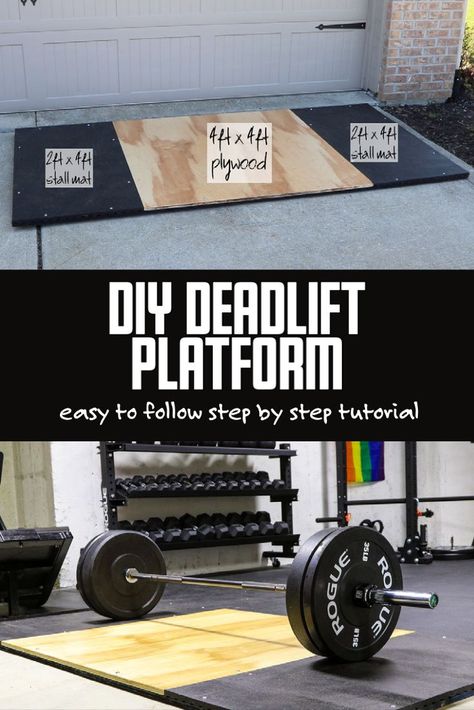 Just a few hours and some basic tools and you'll be deadlifting in your home gym. #kaizenwoodworks #garagegym #deadliftplatform Crossfit Home Gym Ideas, Garage Crossfit Gym Ideas, Home Crossfit Gym Ideas, Garage Shop Gym, Diy Deadlift Platform, Home Crossfit Gym, Basic Home Gym, Half Garage Gym, Garage Gym Diy