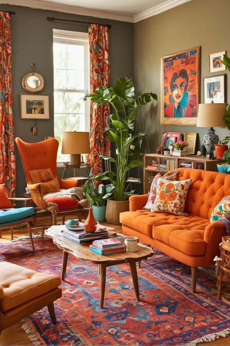 25 Vibrant Living Room Styles That Will Make Your Friends Jealous – The Crafty Hacks Living Room Ideas Black, Colorful Boho Living Room, Room Ideas Black, 70s Living Room, Cozy Living Room Design, Vibrant Living Room, Living Room Styles, Living Room Orange, Room Styles