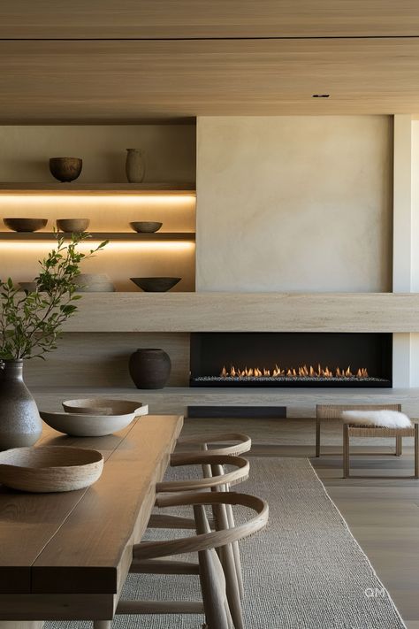 Built-In Around Fireplace: Elegant Solutions for Your Living Space - Quiet Minimal Linear Fireplace And Tv Wall Ideas, Horizontal Fireplace Ideas, Fireplace Japandi, Japandi Fireplace Design, Asymmetrical Fireplace Wall, Modern Fireplace Wall Living Room, Japandi Fireplace, Linear Fireplace Ideas, Tv Wall With Fireplace