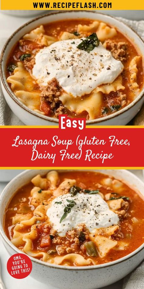 Warm up with a delicious bowl of gluten-free, dairy-free Lasagna Soup! This unique twist on classic lasagna delivers rich flavors and a satisfying texture. Quick and easy to prepare, it’s a perfect meal for busy weeknights. Elevate your soup game with this comforting recipe! Gluten Free Dairy Free Lasagna Soup, Non Dairy Lasagna Recipes, Lasagna Soup Dairy Free, Dairy Free Lasagna Soup, Easy Gluten Free Soup, Dairy Free Lasagna Recipe, Quick Lasagna Soup, Dairy Free Soup Recipes, Soup Gluten Free Dairy Free