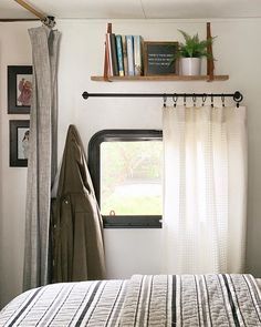 Rv Curtains, Camper Curtains, Wood Curtain Rods, Glamper Camper, Airstream Interior, Camper Trailer Remodel, Trailer Decor, Diy Camper Remodel, Wood Curtain