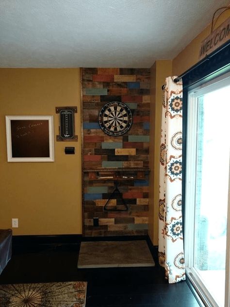 Design-3-Tucked In The Corner Dart Board Wall Ideas, Man Office Ideas, Diy Cork Board Wall, Dartboard Setup, Wood Dart Board, Games Room Ideas, Darts Board, Dart Board Wall, Board Game Room