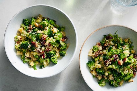 This easy chopped salad fits loads of texture and flavor onto a spoon by combining finely chopped raw broccoli with chewy dried cranberries, crunchy pecans, fluffy quinoa and chunks of sharp Cheddar cheese The mixture is tossed in a punchy mustard vinaigrette that soaks into the florets, only getting better as it sits Feel free to substitute the quinoa for any grain, like brown rice, farro or buckwheat groats, though the cook time may vary. Broccoli Spoon Salad, Brocolli Quinoa Recipes, Quinoa And Broccoli Spoon Salad, Broccoli And Quinoa Salad, Quinoa Broccoli Salad, Quinoa And Broccoli Recipes, Chopped Broccoli Salad, Broccoli Quinoa Salad, Nytimes Cooking