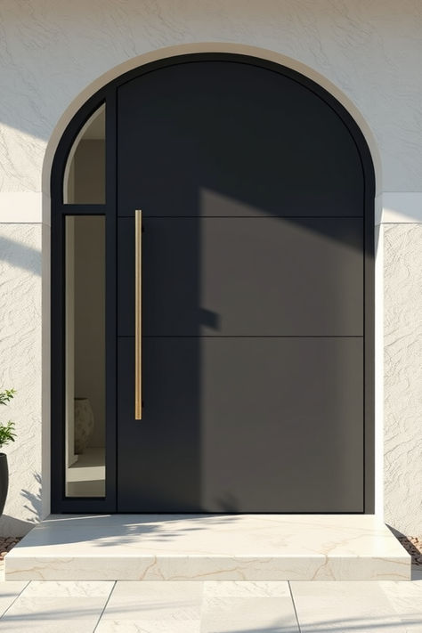 Click to discover 40 front door ideas that combine style, charm, and functionality. Arched Pivot Door, Modern Arched Front Door, Steel Front Door Design, Rounded Front Door Entrance, Modern Front Door Ideas Entrance, Metal Door Design Outdoor, Modern Doors Exterior Entrance, Luxury House Entrance Door, Double Door Design Entrance