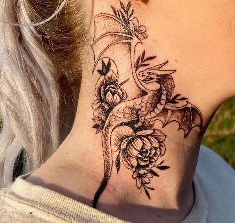 Dragon Tattoo Neck Men, Neck Tattoos Women Dragon, Dragon Neck Tattoo For Women, Dragon Throat Tattoo, Women Neck Tattoo Ideas Side, Neck Dragon Tattoo, Feminine Neck Tattoos For Women, Women’s Neck Tattoos, Side Neck Tattoo For Guys Ideas