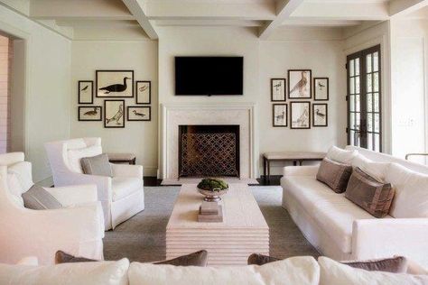 Charming English country house in Nashville with a modern twist Monochromatic Living Room, Tv Over Fireplace, Swiss Coffee, Black And White Living Room, Hale Navy, White Furniture Living Room, Best White Paint, Room Furniture Design, Styling A Buffet