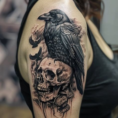 31 Disney-Inspired Tattoos for Women - Raven Queen Tattoo, Raven With Skull Tattoo, Raven Tattoo Ideas Women, Raven Shoulder Tattoo, Raven And Skull Tattoo, Raven Skull Tattoo, Ravens Tattoo, Odin's Ravens Tattoo, Raven Tattoos