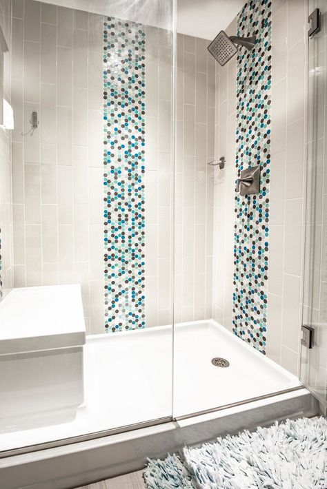 Mosaic Tile Bathroom Wall Shower Designs, Shower With Mosaic Tile Accent, Colorful Shower Tile, Bathroom Mosaic Tile Ideas, Mosaic Shower Wall, Remodeling A Bathroom, Bathroom Remodel Plans, Mosaic Shower Tile, Bathroom Revamp