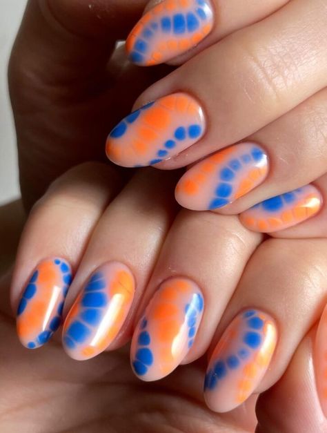 40+ Cute Orange and Blue Nail Designs To Try; tie dye nails! This includes blue orange nail designs, orange and blue gel, orange and blue nail designs summer, orange and blue nails, blue and orange nails, orange and blue nails acrylic, orange and blue nails design & more! This also includes orange and blue nails summer, orange and blue nails ideas, orange and blue nail art, orange and blue nail ideas, blue nails, orange nails acrylic, blue nails acrylic & more! #orangeandbluenaildesigns Royal Blue And Orange, Blue Wedding Nails, Blue Nail Art Designs, Blue And White Nails, Royal Blue Nails, Blue Gel Nails, Dark Blue Nails, Orange Nail Designs, Navy Blue Nails