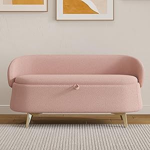 Linyuanwai Storage Bench with Backrest, Teddy Fleece Ottoman Bench End of Bed Bench with Seating and Golden Legs, Long Upholstered Sofa Stool for Living Room Bedroom Entryway (Pink) Bench End Of Bed, Bench With Backrest, Bedroom Layout Design, Pink Ottoman, Stool For Living Room, Sofa Stool, Storage Bench Bedroom, Couch Design, End Of Bed Bench