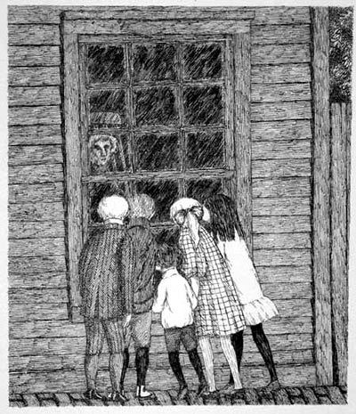 There was a house on our street growing up that felt like this. We were certain there was an old scary woman living inside watching us. John Kenn, Edward Gorey, February 22, April 15, Ink Pen Drawings, Children's Book Illustration, New Yorker, The Window, St John