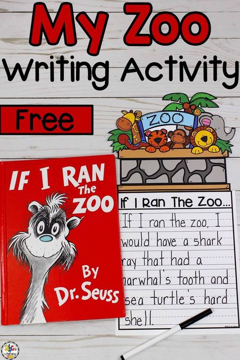 This If I Ran The Zoo Inspired Writing Activity is a fun project that your kids will love to create for Dr. Seuss’ birthday or Reading Month. Creative writing during the early elementary years is so important. It gives kids a chance to use their imagination and be inventive. In a project like this one, your kids use a book as a reference and take a topic that they are familiar with which helps them develop their thoughts and creativity. Click on the picture to get the free printable! #writing Zoo Activities Elementary, If I Ran A Zoo Activities, Dr Seuss Week Kindergarten, Dr Seuss Week At School, Dr Seuss Elementary Activities, Dr Seuss 2nd Grade Activities, Dr Seuss Activities For First Grade, Dr Seuss First Grade, If I Ran The Zoo Activities Dr. Seuss