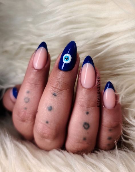 Evil eye protection. Blue French on almond nails using @masterworksgels in "cool opaque". @madam_glam in "I do" Almond Nails French Tip, Almond Nails Designs Summer, Almond Nails Pink, Almond Acrylic Nails Designs, White Almond Nails, Almond Nails French, Pink Eyeliner, Evil Eye Nails, Nails French Tip