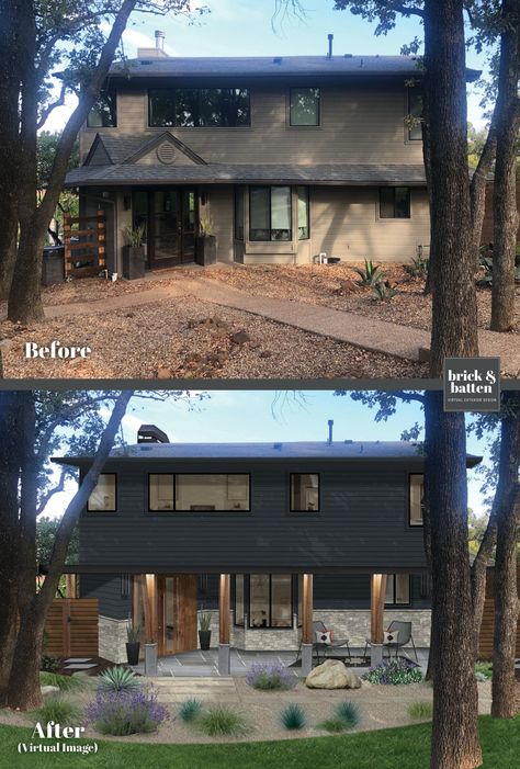 2021 Exterior Paint Favorites from Benjamin Moore | brick&batten Exterior Renovation Before And After, Outside House Paint, Benjamin Moore Exterior, Exterior House Renovation, Black Houses, Exterior House Remodel, Exterior Stain, Home Exterior Makeover, Exterior Renovation