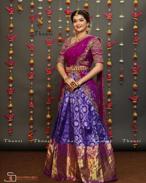 60 Best South Indian Wedding Sarees: Latest Kanjeevaram Silk & Pattu Designs for Brides to Explore! Half Saree Function, Lehenga Saree Design, Half Saree Lehenga, Long Gown Design, Wedding Lehenga Designs, Lehnga Dress, Cutwork Blouse Designs, Half Saree Designs, Long Dress Design