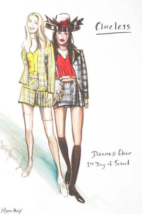 The Unlikely Inspirations Behind Clueless’s Costume Design | Vanity Fair Cher And Dionne, Clueless Costume, Clueless Movie, Clueless 1995, Costume Renderings, Ugh As If, Costume Sketches, Costume Design Sketch, Clueless Fashion