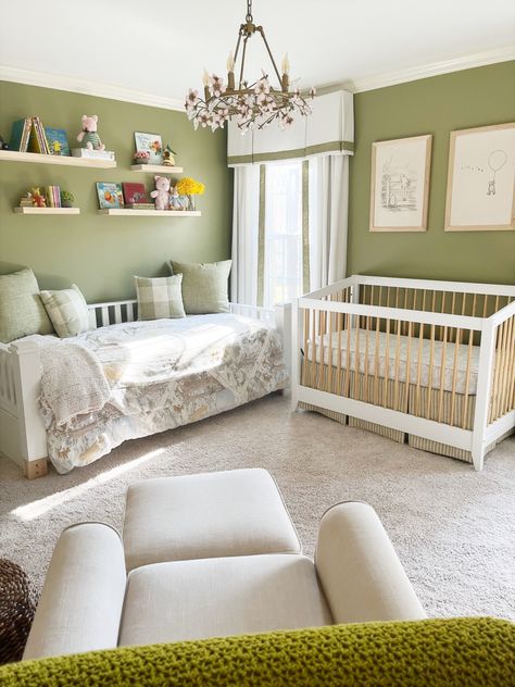 Green Winnie The Pooh Nursery, Day Bed Nursery Ideas, Nursery Day Bed, Nursery With Daybed And Crib, Nursery With Bed, Nursery With Guest Bed, Nursery With Daybed, Day Bed In Nursery, Day Bed Guest Room