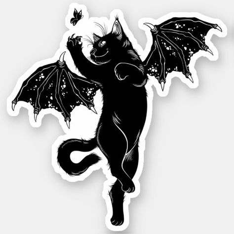 flying cat bat hunt butterfly sticker | Zazzle.com Black Cat With Bat Wings Tattoo, Bat Cat Drawing, Cat With Bat Wings, Cat With Bat Wings Tattoo, Flying Cat Tattoo, Black Cat With Wings Tattoo, Black Cat With Wings, Cat Flying Drawing, Cat Bat Tattoo