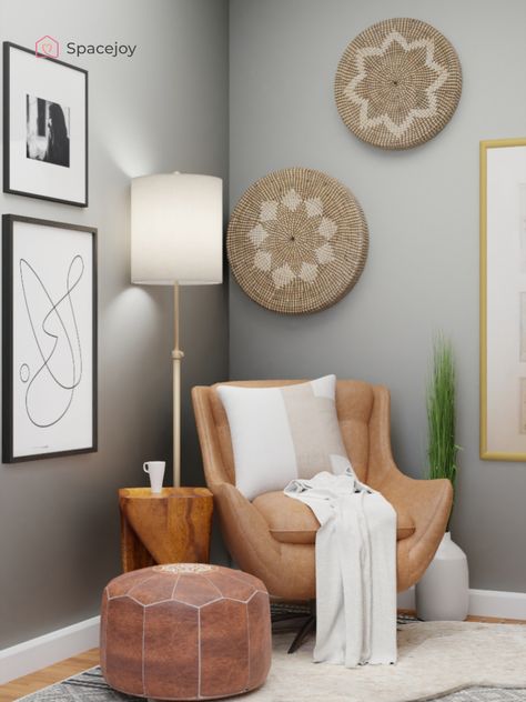 This Mid-Century Modern Reading nook is full of warmth and comfort. The warm complimenting leather tones are accessorized with bohemian decor accents. Small gallery walls help this space feel inviting. The perfect place to curl up and read a book. Accent Chair Bedroom Reading Corners, Mid Century Modern Reading Chair, Accent Chair Wall Decor, Decor For Walls In Living Room, Cozy Mid Century Modern Living Room Accent Chairs, Midcentury Modern Sitting Area, Accent Chairs For Living Room Corner, Reading Nook Mid Century Modern, Leather Chair Reading Nook