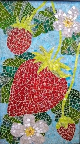 Mosaic glass. #mosaicart Strawberry Mosaic Art, Strawberry Mosaic, Stained Glass Mosaic Window, Mosaic Window, Mountain Crafts, Strawberry Kitchen, Inspo Art, Mosaic Tile Art, Glass Creations