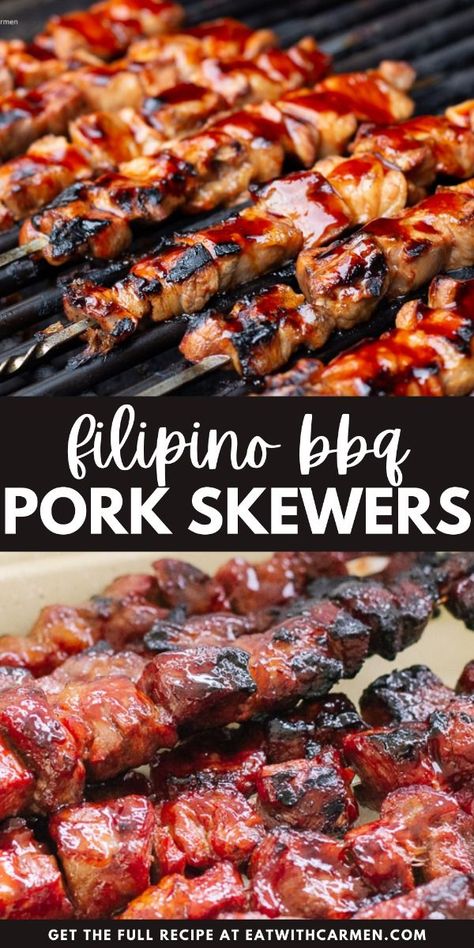 Filipino BBQ Pork Skewers: Enjoy the smoky, sweet, and savory flavors of Filipino BBQ pork skewers, perfect for grilling or air frying. Bbq Pork Skewers, Filipino Pork Bbq, Filipino Bbq, Healthy Fall Dinner, Pork Kabobs, Filipino Street Food, Cozy Fall Recipes, Pork Skewers, Easy Autumn Recipes