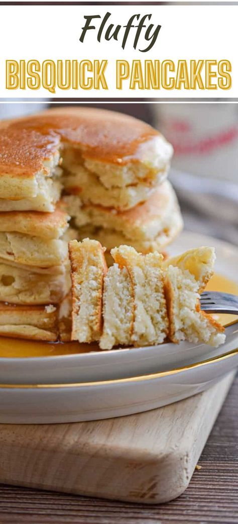 Fluffy Bisquick Pancakes, no eggs, are so easy to make and made in one bowl! In no time at all you'll have delicious, homemade pancakes ready to serve with maple syrup and your favorite fresh fruit! It's the perfect breakfast to serve on busy mornings or on slow weekend mornings. Bisquick Pancakes Without Eggs, Bisquick Pancakes Fluffy, Fluffy Bisquick Pancakes, Vegan Bisquick Pancakes, Pancakes No Eggs, Pancake Recipe No Eggs, Bisquick Pancake Recipe, Egg Waffle Recipe, Bisquick Pancakes