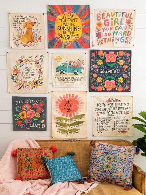 Cute Wall Hangings Quotes, Mini Canvas Wall Decor, Tapestry Wall Decor, Fun Wall Art Living Room, How To Hang Canvas On Wall, Wall Hanging Quotes Diy, Bright Dorm Room Ideas, Bright Tapestry, Cloth Wall Hangings