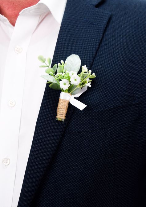 Fathers Boutonniere Wedding, Baby's Breath And Eucalyptus, Silk Boutonniere, Florist Inspiration, Greenery Boutonniere, Silk Flower Boutonniere, Groom Style Wedding, Boutonnieres Prom, Flower Crown Bride