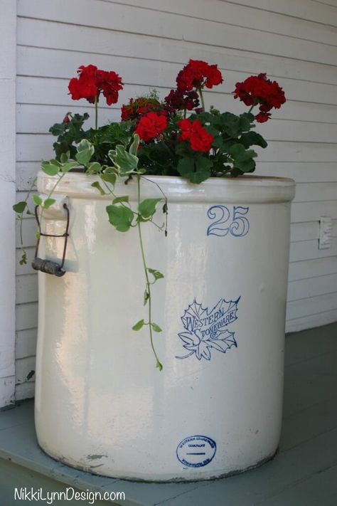 One of my favorite planters of all. The old style crocks. Stone crock flower pots rock! Decorating With Old Crocks, Plant Container Ideas, Decorating With Crocks, Crock Decor, Overwintering Geraniums, Old Crock, Unusual Planter, Unique Planters, Antique Crocks