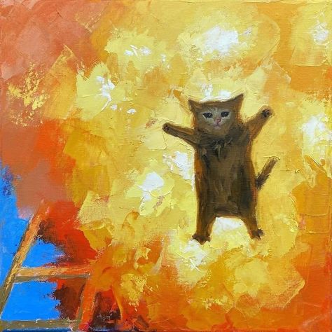 Cat Portraits Painting Acrylics, Silly Cat Painting, Small Cat Painting, Painting Cats Acrylic, Cat Painting Easy, Cat Painting Acrylic, Acrylic Cat Painting, Acrylic Painting Cat, Burning Building