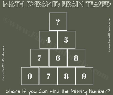 This the Pyramid Brain Teaser for high school students. Solving this brain teaser will test your maths and logic skills. In this pyramid brain teaser, you are shown some numbers arranged in the Pyramid shape. These numbers follow some mathematically or logical sequence. Your challenge is to crack this logical code that relates the numbers of the Pyramid. Once you are able to find the logical reasoning hidden in the brainteaser, find the value of the missing number at the top of the Pyramid.Pleas High School Math, Brain Teasers, High School Students, Logic, Brain, High School, Coding, Writing