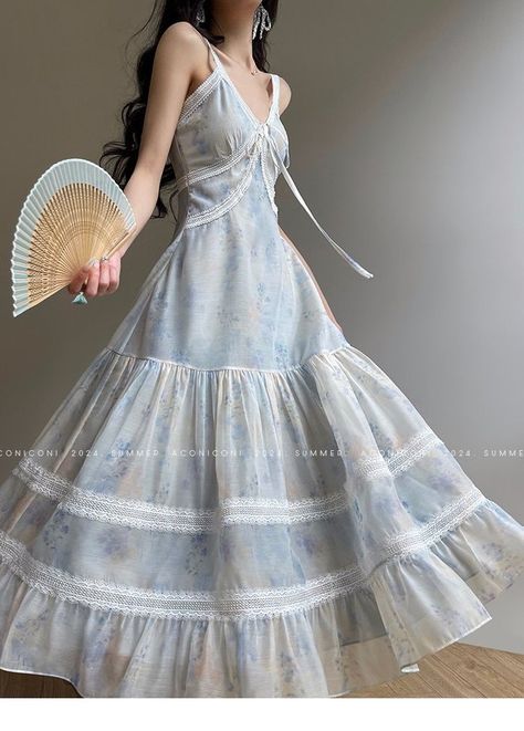 New!! ✨ Aconiconi｜Bluebell Iris French Lace Suspender Dress 🦋 Lace Dres, Blue Iris, Long Holiday, Lace Blue Dress, Summer Is Coming, Romantic Look, Color Pairing, Suspender Dress, Blue V