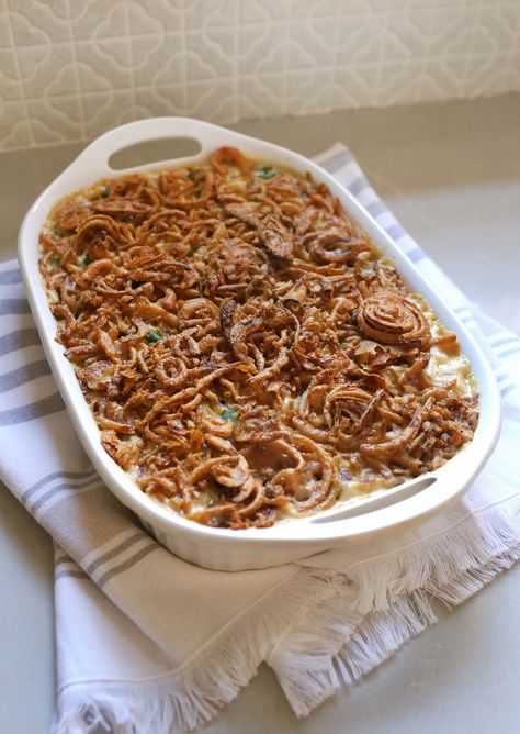 Green Bean Macaroni Casserole - A Beautiful Mess Macaroni Casserole, Macaroni Recipes, French Fried Onions, Baked Macaroni, A Beautiful Mess, Fresh Green Beans, Green Bean Casserole, Bean Casserole, Easy Casserole Recipes