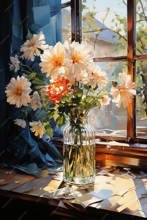 Still Life Flowers, 수채화 그림, Art Kits, Flower Art Painting, Easy Paintings, Amazing Flowers, Window Sill, Painting Kits, Diy Painting