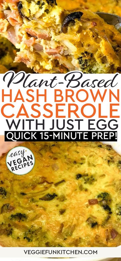 Looking for a vegan breakfast casserole that's satisfying and easy to make? Try our plant-based hash brown casserole with JUST Egg for a hearty and healthy meal! This delightful dish combines the goodness of JUST Egg, crispy hash browns, roasted vegetables, and a medley of other delectable vegan ingredients. Whether you're seeking a scrumptious breakfast bake or a delightful brunch option, this plant-based hash brown casserole is sure to satisfy your cravings. | @veggiefunkitchen Vegetarian Egg Casserole, Dairy Free Breakfast Casserole, Vegetarian Breakfast Casserole, Thanksgiving Casserole Recipes, Vegan Breakfast Casserole, Just Egg, Plant Based Recipes Breakfast, Vegan Casserole, Vegan Breakfast Easy