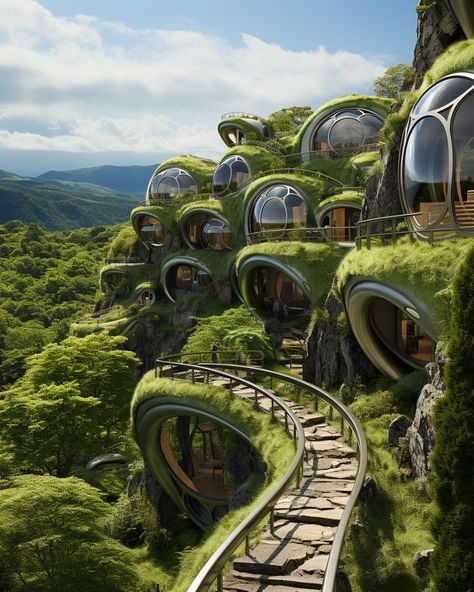 Countryside Architecture, Classical Mansion, Utopia Architecture, Eco Friendly Architecture, Solar Punk, Futuristic House, Mushroom Species, Hill City, House Fashion