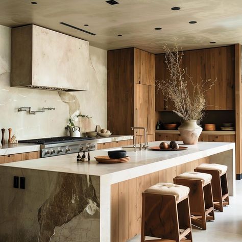 Beach House Open Kitchen, Wood Floor And Wood Cabinets, Japandi Luxury Interior, Scandinavian Kitchen Design Ideas, Warm Kitchen Aesthetic, Wood Island Kitchen, Natural Kitchens, Minimalist Kitchen Interior, Natural Kitchen Design