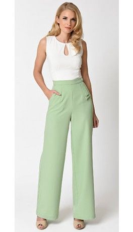 Mint Green Pants Outfit, Mint Pants Outfit, Wide Leg Pants Outfit Work, Early 1960s Fashion, Mint Green Pants, Mint Pants, Pants Outfit Work, Green Pants Outfit, Dress Pants Outfits