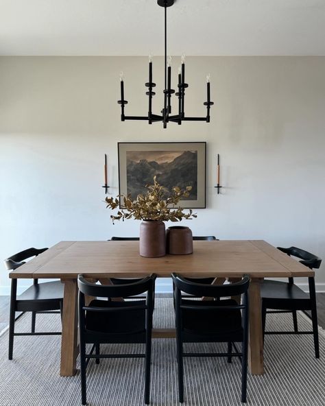 Vaulted Dining Room Ceiling, Wood Table With Black Chairs, Chair Rail Dining Room, Art For Dining Room Wall, Dining Room With Carpet, Black Kitchen Chairs, Black Dining Room Table, Dining Room Inspo, Double Oven Kitchen