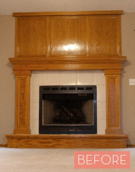 Before and After: An Oak Veneer Fireplace Gets A Makeover » Curbly | DIY Design & Decor Wood Fireplace Surrounds And Mantels, Oak Fireplace Ideas, Wood Surround Fireplace, Veneer Fireplace, Wood Fireplace Surrounds, Oak Mantle, Craftsman Fireplace, Tv Over Fireplace, Oak Mantel