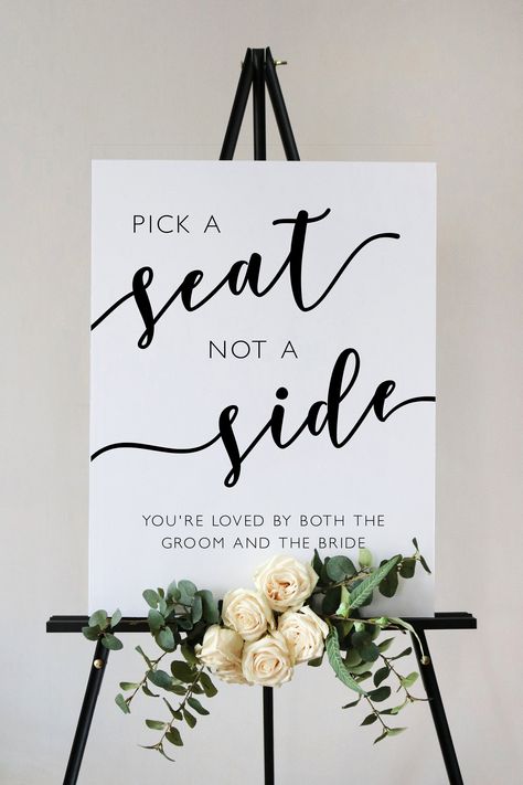 @cecilia.sebastianpaperco | ceciliasebastianpaperco.com | Welcome your guests in style with a Modern Script Wedding Pick a Seat Not a Side Sign Template from Cecilia & Sebastian Paper Co. This template features a romantic script paired with a modern, minimalist font. This printable wedding invitation is fully editable to be personalized with your information for your special day. Access your template within minutes of purchase and edit directly in your browser, using the web application Temp Pick Your Seat Wedding Sign, Ceremony Seating Arrangements Sign, No Assigned Seats Wedding Sign, Wedding Sign Sit Anywhere, Pick A Chair Not A Side Sign, Wedding Pick A Seat Sign, Seating Signs For Wedding Ceremony, Wedding Signs Pick A Seat Not A Side, Please Pick A Seat Not A Side Sign