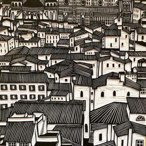 Linotype Prints, Architecture Lino Prints, Lino Print Buildings, Architecture Linocut, Picasso Linocut, Franz Masereel, Linocut Printing, Europe Architecture, Lino Cuts