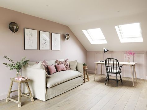 Attic Bedroom Ideas Pink, Pink Loft Bedroom, Pink Attic Bedroom, Angled Wall Bedroom, Interior Design Office Studio, Dusty Pink Bedroom, Spare Bedroom Office, Loft Conversion Bedroom, Light Pink Walls