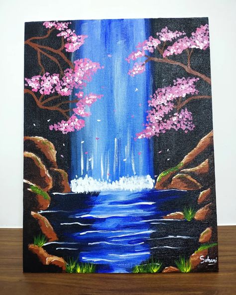 Waterfall Painting Easy, Waterfall Acrylic Painting, Thumb Painting, Easy Scenery, Easy Scenery Drawing, Waterfall Painting, Waterfall Scenery, Scenery Drawing, Waterfall Paintings